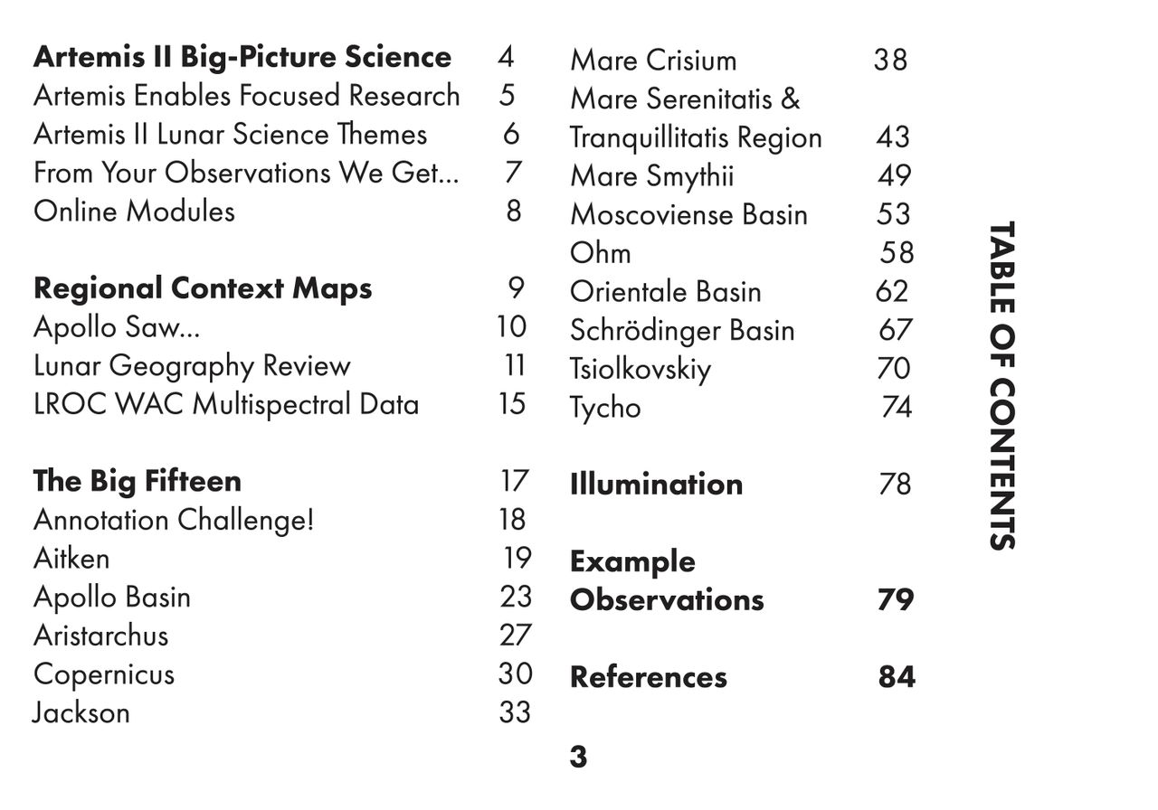Table of Contents for Lunar Science Passport.