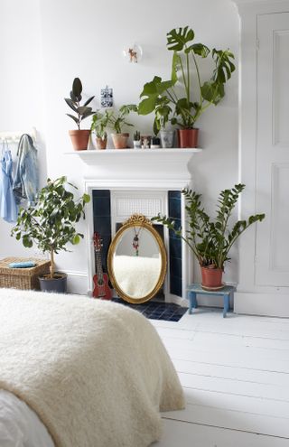 White fireplace with houseplants