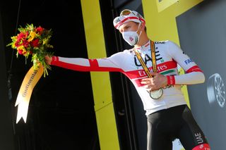 GRAND COLOMBIER FRANCE SEPTEMBER 13 Podium Tadej Pogacar of Slovenia and UAE Team Emirates Celebration during the 107th Tour de France 2020 Stage 15 a 1745km stage from Lyon to Grand Colombier 1501m TDF2020 LeTour on September 13 2020 in Grand Colombier France Photo by Thibault Camus PoolGetty Images