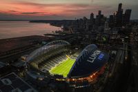 An aerial general view of Lumen Field at sunset after the FIFA Club World Cup 2025 group B match between Seattle Sounders FC and Paris Saint-Germain FC at Lumen Field on June 23, 2025 in Seattle, Washington