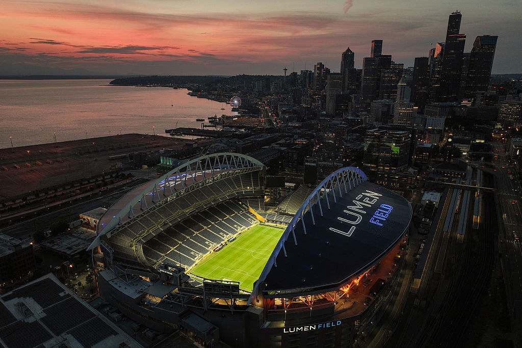 An aerial general view of Lumen Field at sunset after the FIFA Club World Cup 2025 group B match between Seattle Sounders FC and Paris Saint-Germain FC at Lumen Field on June 23, 2025 in Seattle, Washington