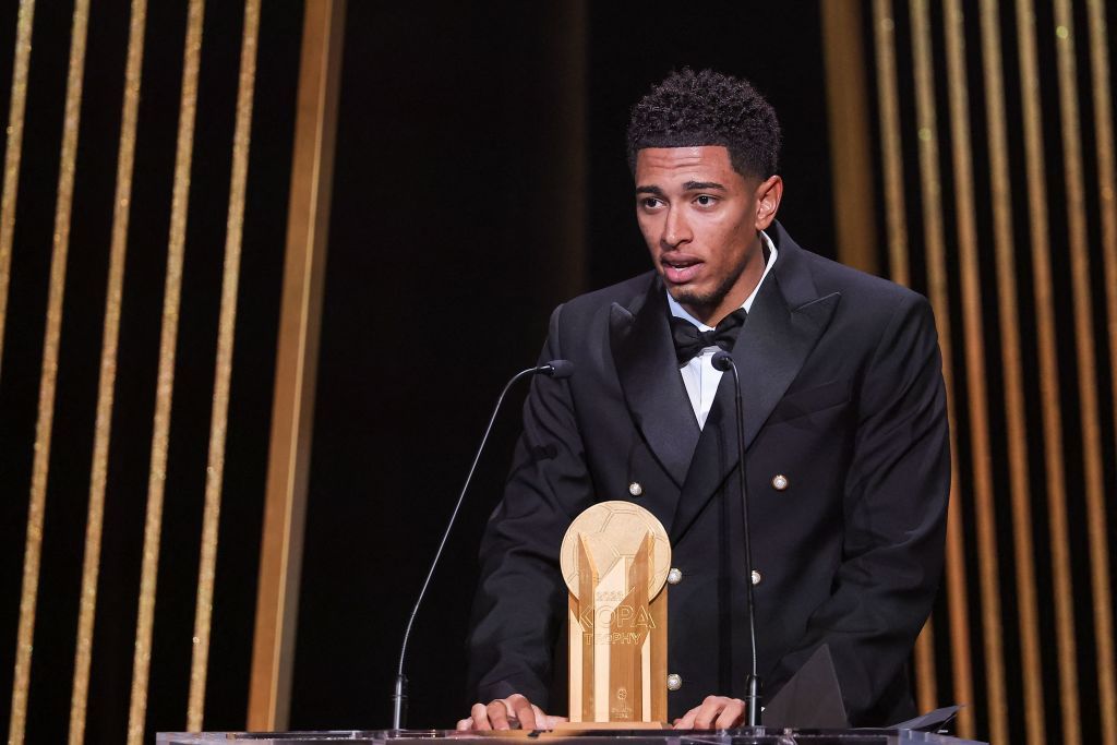 Real Madrid&#039;s English midfielder Jude Bellingham speaks on stage as he recieves with the Kopa Trophy for best under-21 player during the 2023 Ballon d&#039;Or France Football award ceremony at the Theatre du Chatelet in Paris on October 30, 2023.