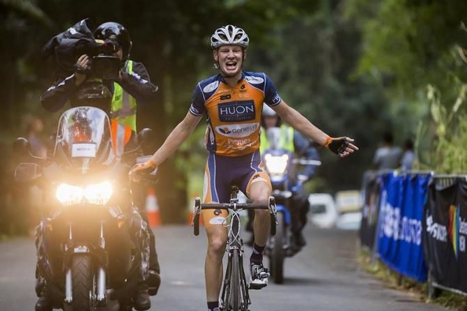 Jack Haig (Huon Salmon - Genesys Wealth Advisers) celebrates as he crossed the finish line on Stage 1 of the Battle of the Border