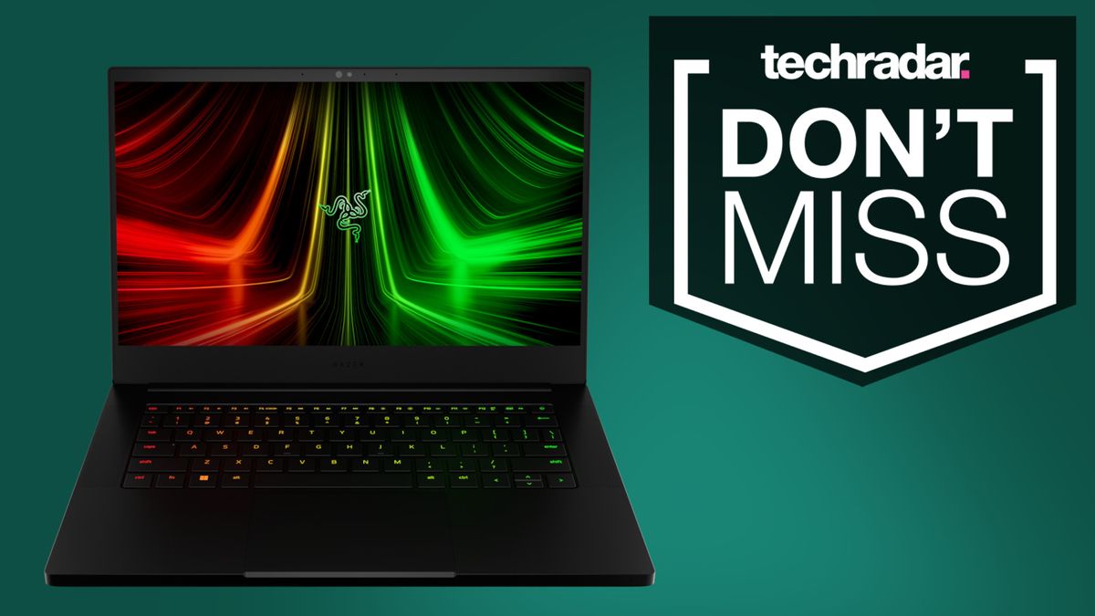 A Razer Blade 14 laptop on a dark green backdrop that reads &#039;Don&#039;t miss&#039;