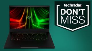 A Razer Blade 14 laptop on a dark green backdrop that reads 'Don't miss'