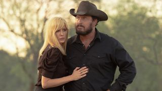 From left to right: Beth holding Rip in Dutton Ranch.
