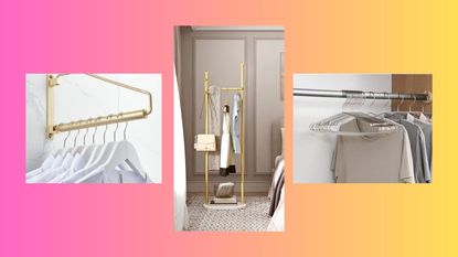 Best clothes hangers, wall-mounted gold clothes hanger, freestanding gold clothes hanger in bedroom and stainless steel hangers in wardrobe