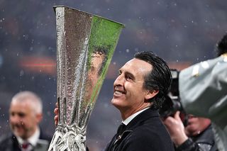 ISTANBUL, TURKEY - MAY 20: Unai Emery manger / head coach of Aston Villa with the UEFA Europa League trophy during the UEFA Europa League Final 2026 match between SC Freiburg and Aston Villa FC at Besiktas Park on May 20, 2026 in Istanbul, Turkey. (Photo by Robbie Jay Barratt - AMA/Getty Images)