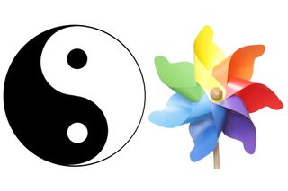 A yin-yang symbol and a pinwheel are examples of objects that exhibit rotational symmetry. Objects in 2-D have a center of symmetry; objects in 3-D have an axis of symmetry. They are invariant under rotation.