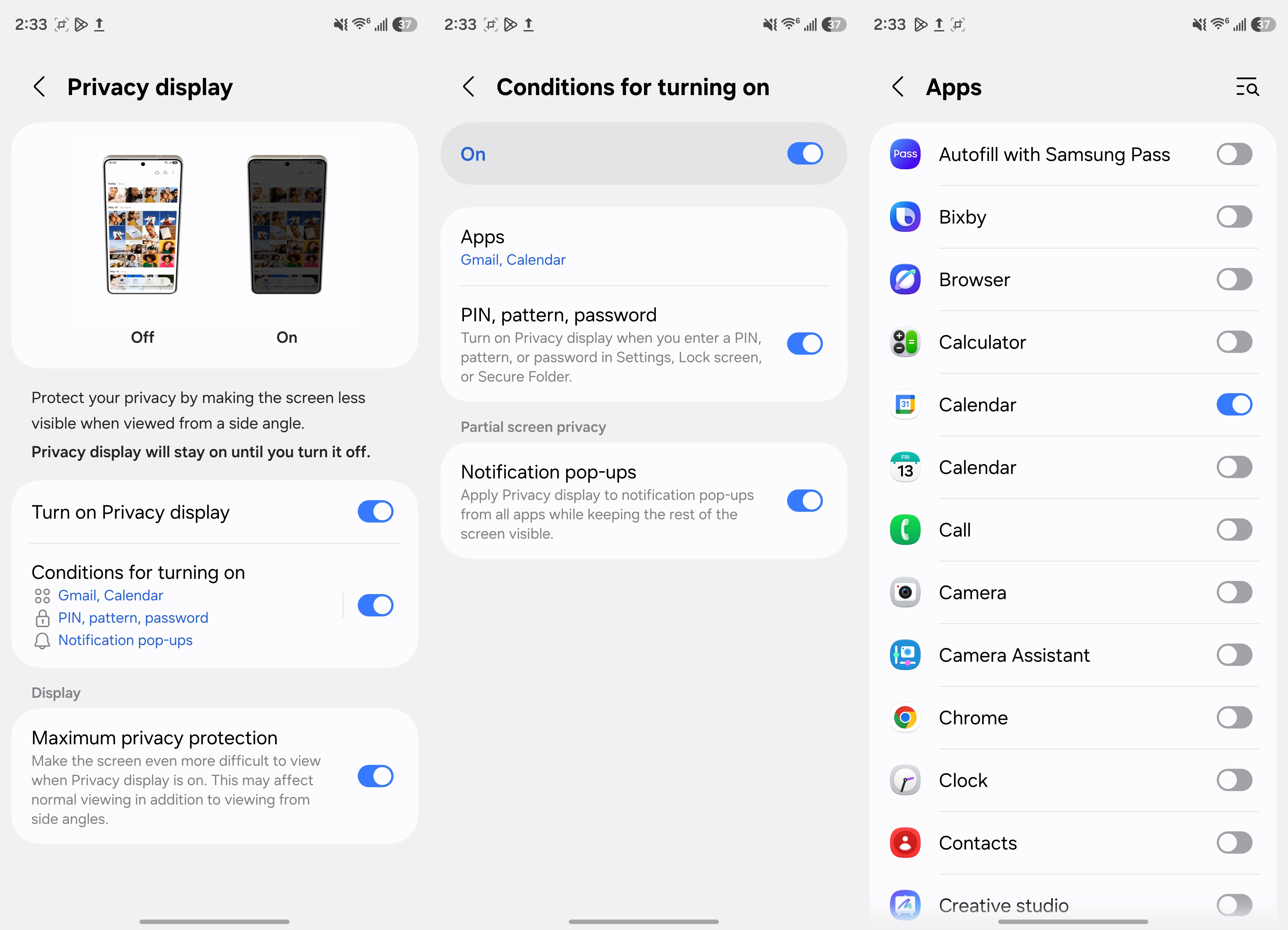 All the software options for the Privacy Display on the Samsung Galaxy S26 Ultra