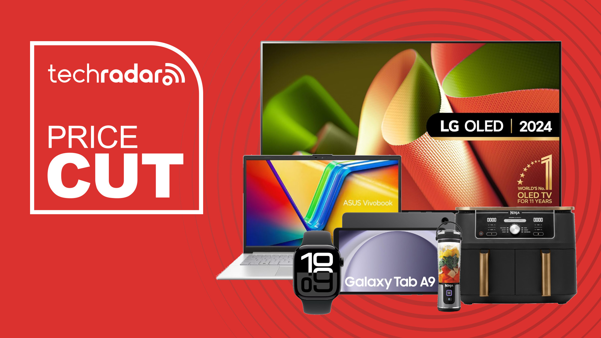 Collage of an LG OLED TV, Asus laptop, Galaxy Tab, Ninja air fryer, Ninja blender and Apple Watch on a red background