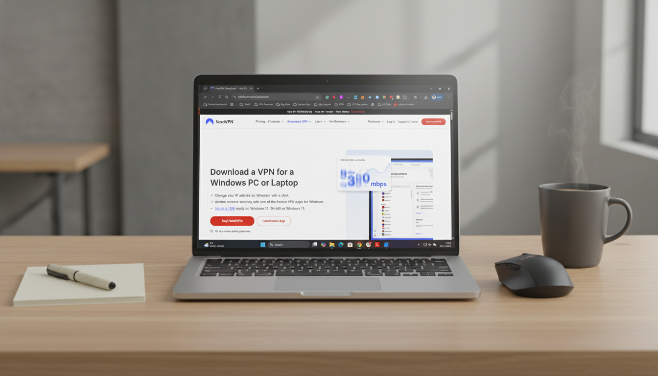 NordVPN website download screen on laptop with a coffee