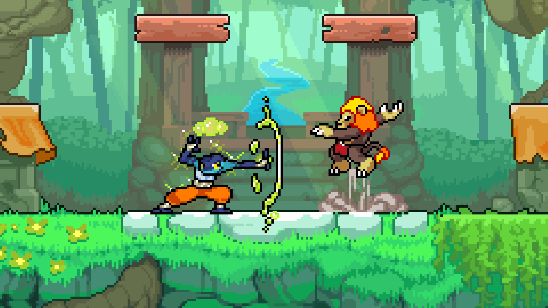 A 1v1 fight in the forest on Rivals of Aether