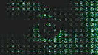 Vector halftone eye background made by letters. Artificial intelligence technology futuristic background. 