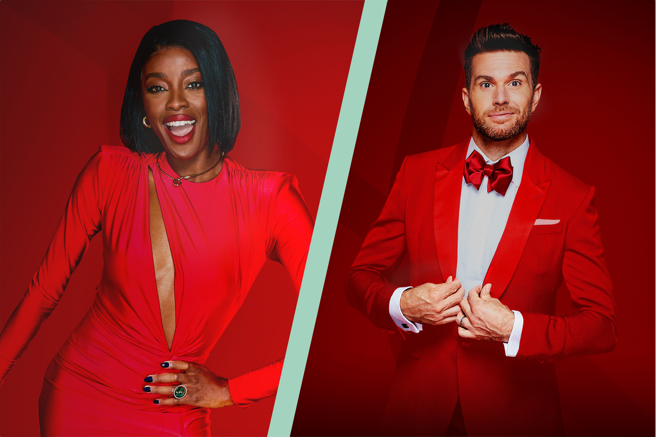 Split template of Comic Relief hosts AJ Odudu and Joel Dommett 