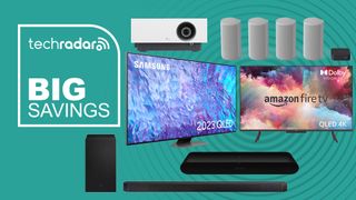 Various home theater products from Sony, Samsung, Sonos, LG, Amazon in a collage