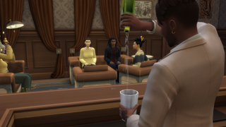 The Sims 4 - A sim bartends in a speakeasy small business while customers sit in leather chairs