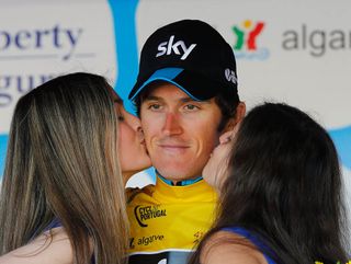 Geraint Thomas on the podium after winning Stage 2 of the 2015 Volta ao Algarve