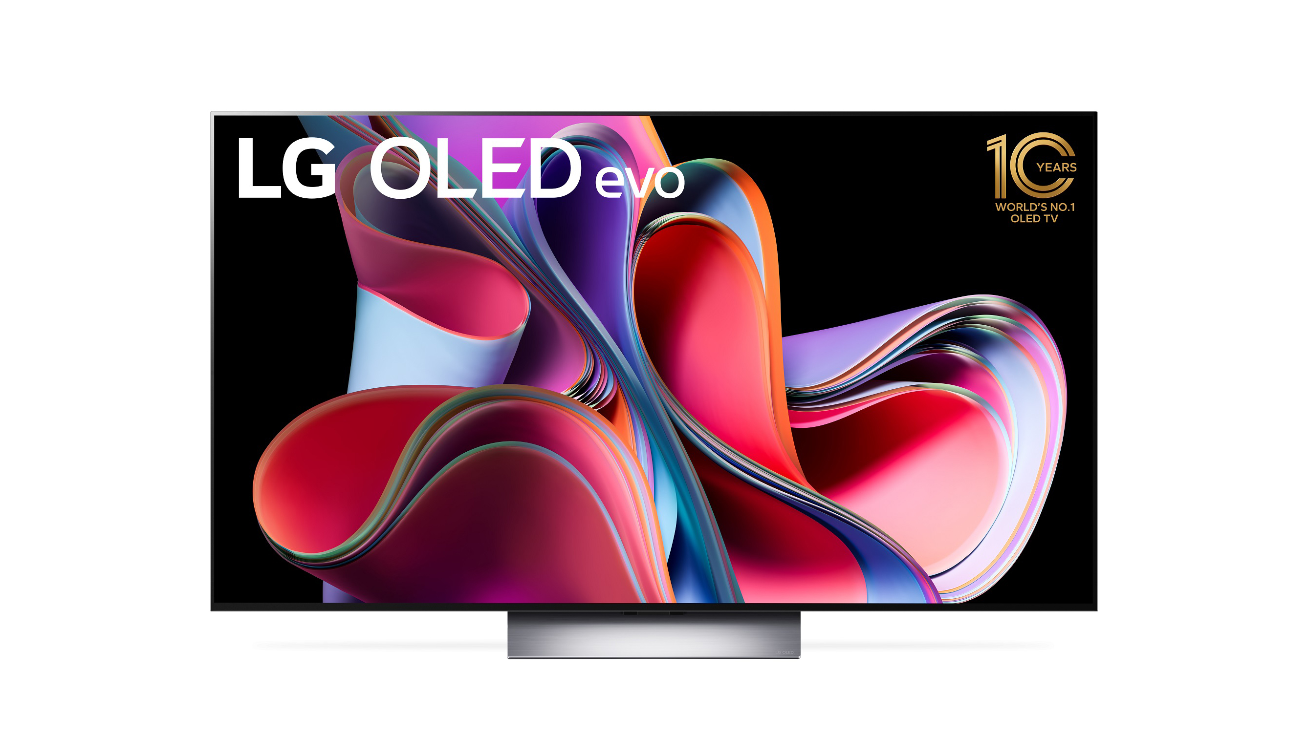 The LG G3 OLED TV displaying an abstract colorful pattern.