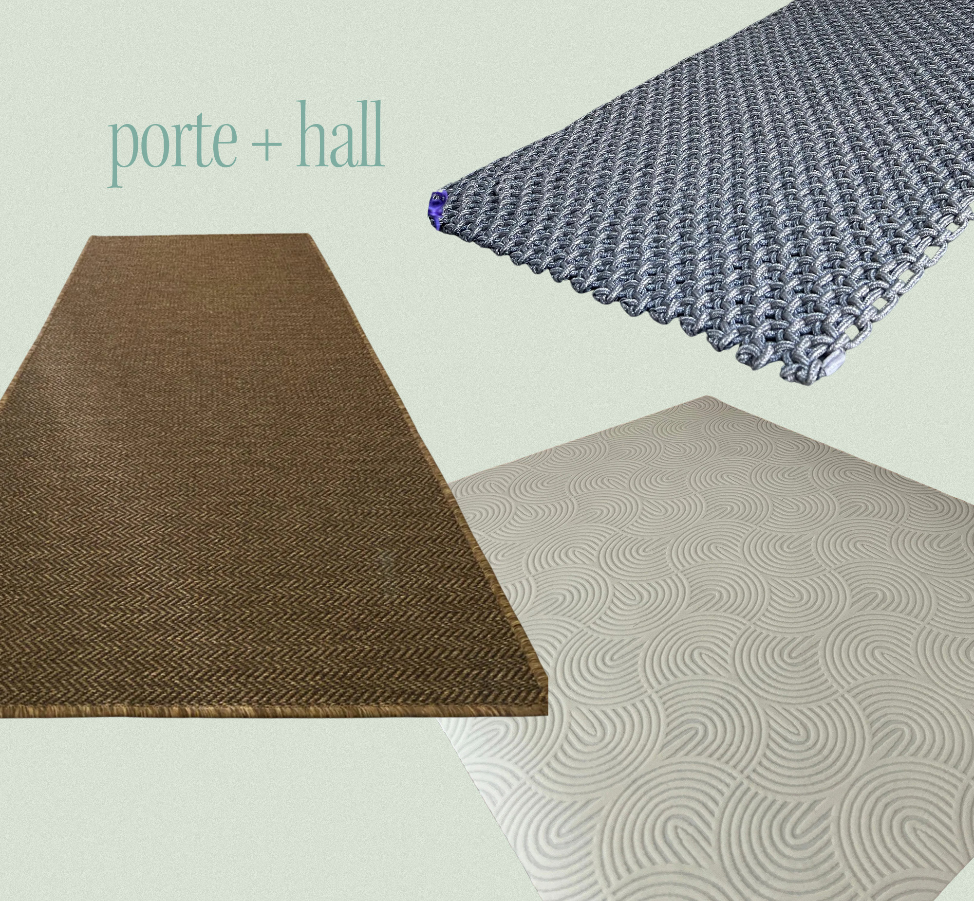 Collage of woven indoor and outdoor rugs and doormats from Porte + Hall