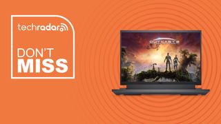 Dell G16 gaming laptop on orange background with don't miss text overlay