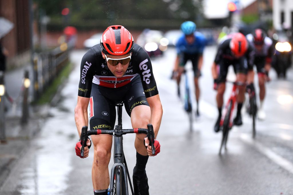 VARESE ITALY OCTOBER 05 Tim Wellens of Belgium and Team Lotto Soudal competes in the breakaway during the 100th Tre Valli Varesine a 1967km race from Busto Arsizio to Varese 377m AlfredoBindaVa on October 05 2021 in Varese Italy Photo by Tim de WaeleGetty Images