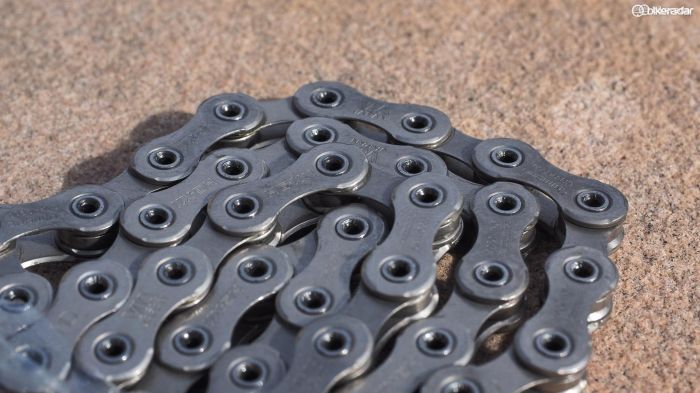 The new XTR chain features flush pins and circumferentially riveted heads to help hold everything together under extreme loads