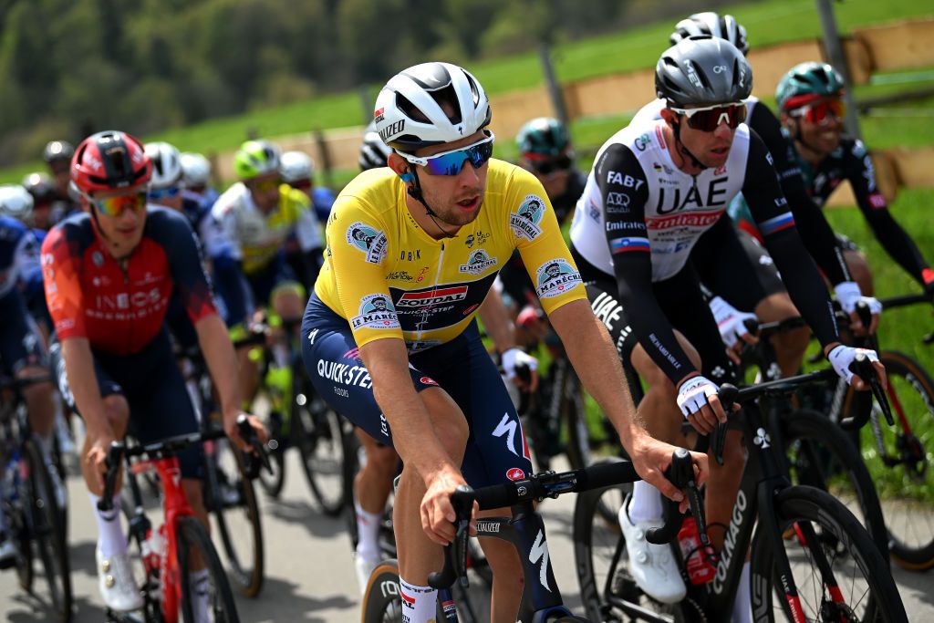 VALLE DE JOUX SWITZERLAND APRIL 26 Josef Cerny of Czech Republic and Team Soudal QuickStep Yellow leader jersey competes during the 76th Tour De Romandie 2023 Stage 1 a 1709km stage from Crissier to Valle de Joux 1019m UCIWT on April 26 2023 in Valle de Joux Switzerland Photo by Dario BelingheriGetty Images