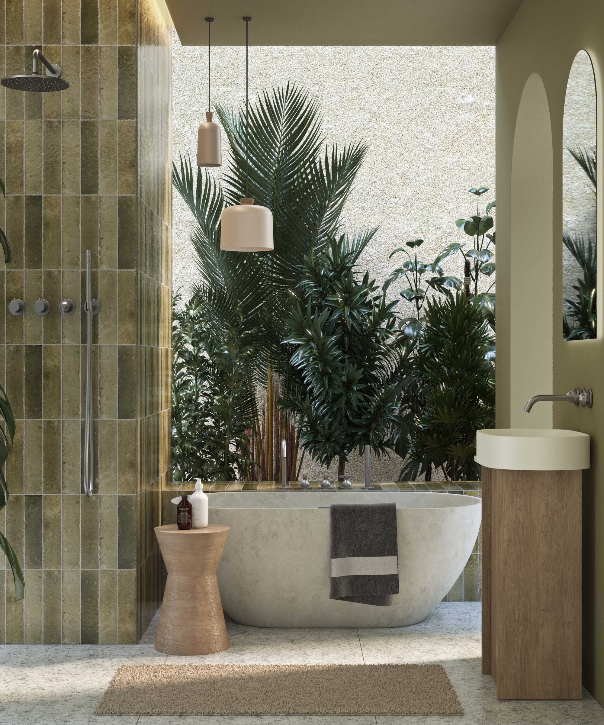 bathroom with bath set in recess with planting behind