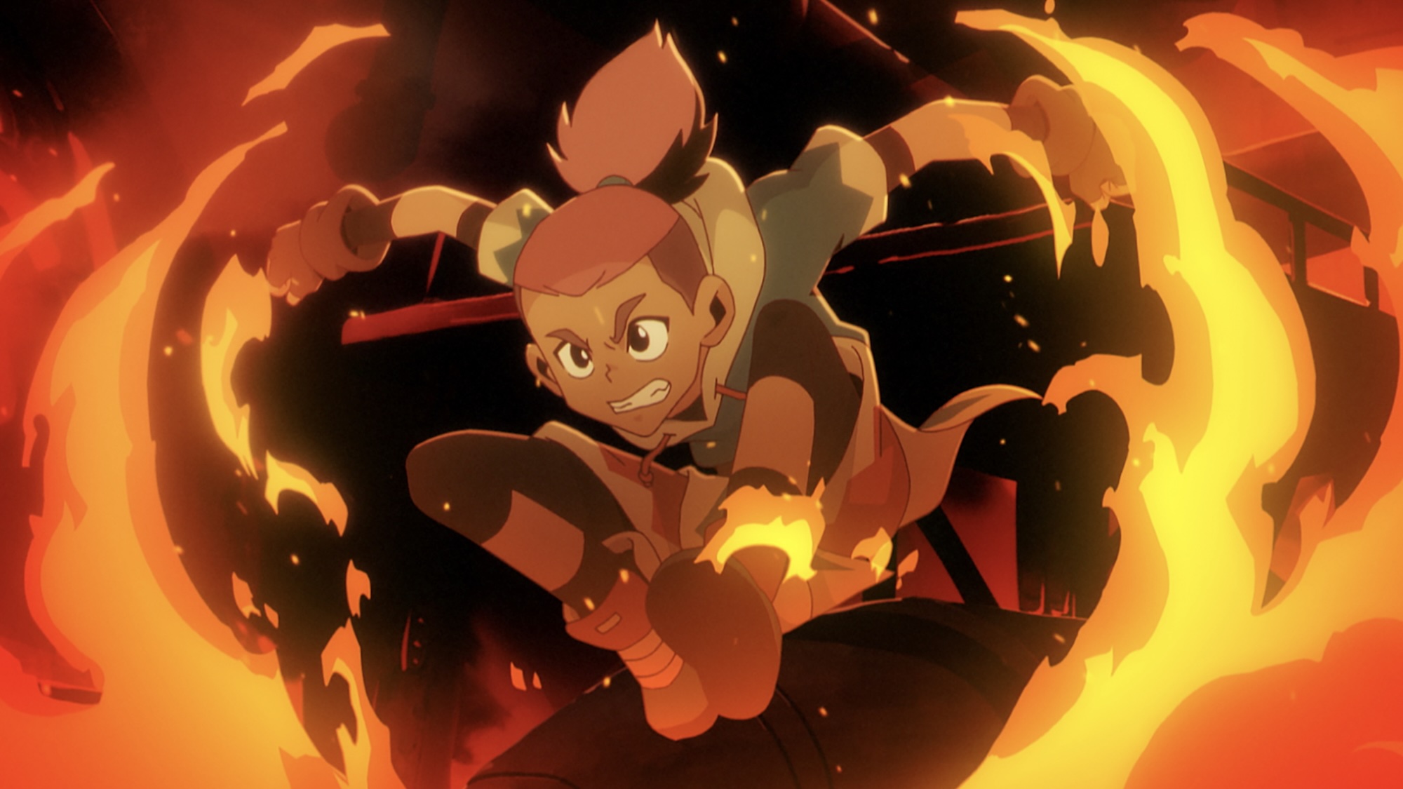 Key jumping through fire and smoke in Dragon Striker Season 1