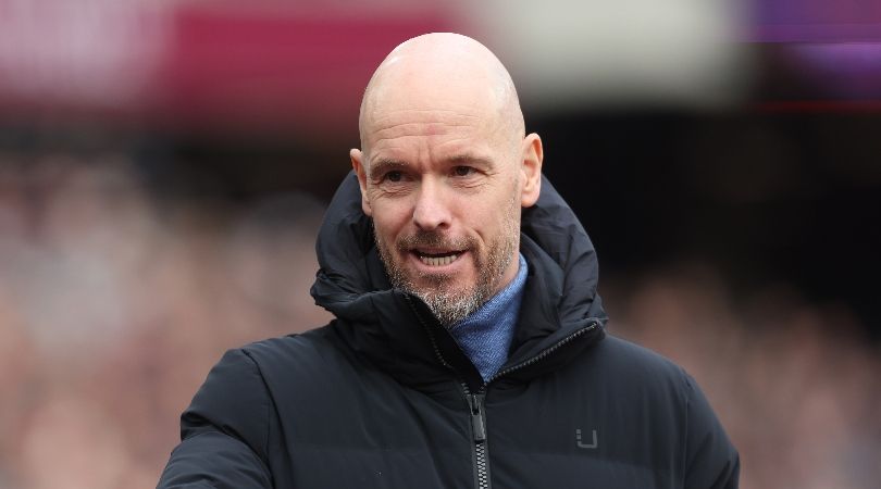 Manchester United manager Erik ten Hag looks on during his side&#039;s defeat at West Ham in December 2023.