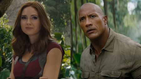 From left to right: Karen Gillan as Ruby in Jumanji: The Next Level and Dwayne Johnson as Bravestone in Jumanji: The Next Level. 