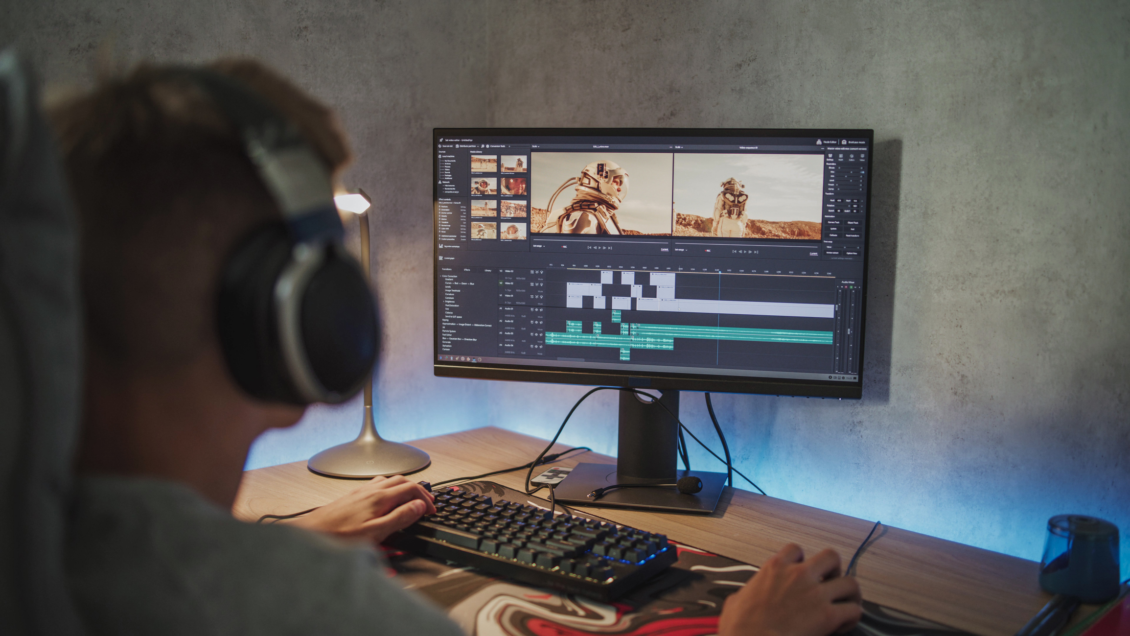 someone with headphones on doing video production