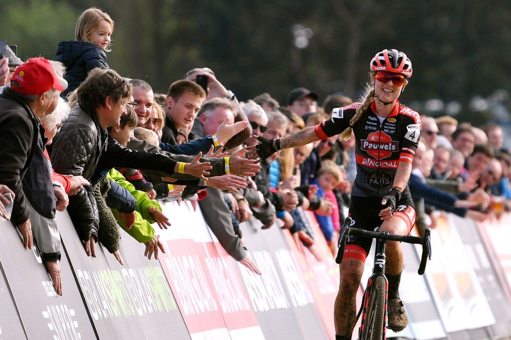 RUDDERVOORDE BELGIUM OCTOBER 23 Denise Betsema of The Netherlands and Team Pauwels Sauzen Bingoal celebrates winning during the 35th Superprestige Ruddervoorde 2021 Womens Elite CX Superprestige2022 SPRuddervoorde on October 23 2021 in Ruddervoorde Belgium Photo by Luc ClaessenGetty Images