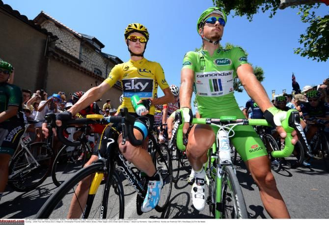 Chris Froome (Sky) with Peter Sagan (Cannondale) before stage 16