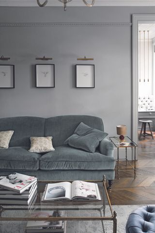 A living room with grey walls