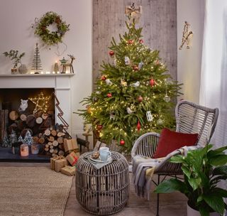 Dobbies Christmas tree in a living room with rattan furniture and a fireplace