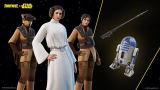an arrangement of leia skywalker costumes, r2-d2 robot and a weapon in fortnite