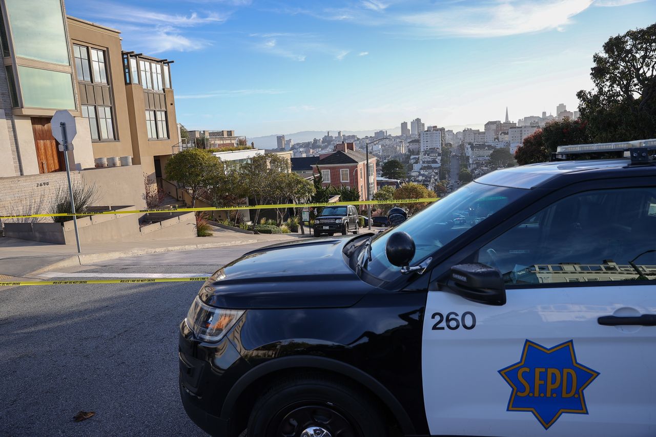 A view of House Speaker Nancy Pelosi&amp;#039;s house after her husband, Paul Pelosi, was attacked at home. 