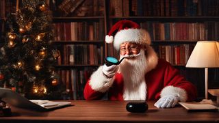 Image generated by Adobe Firefly AI, Santa chatting with Alexa via a smart speaker.