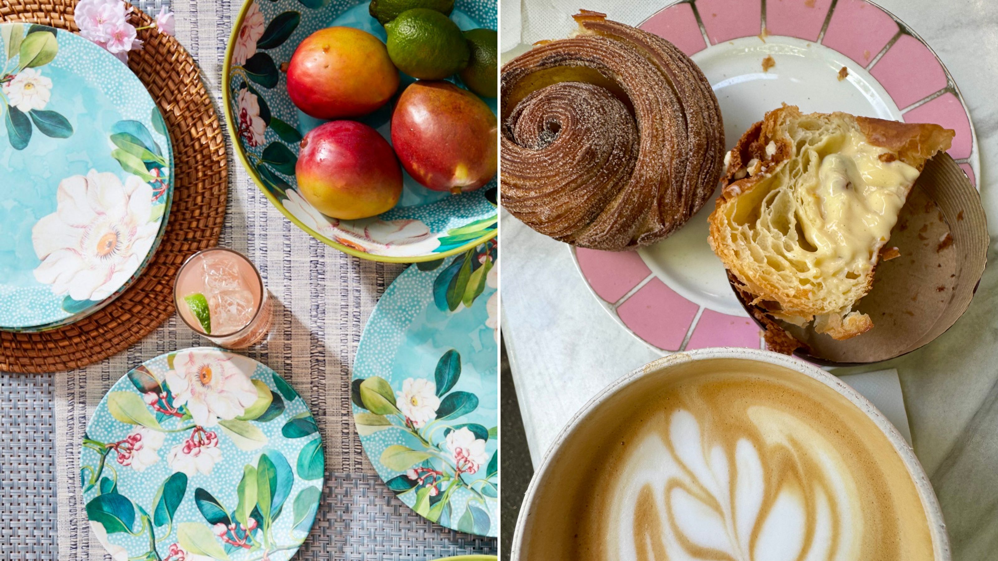 Floral plates and fresh fruit; croissants and coffee