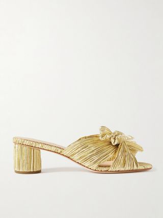 Emilia Bow-Embellished Plissé-Lamé Mules