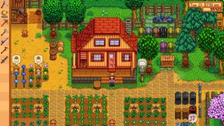 A farmer standing outside their house during spring in Stardew Valley.