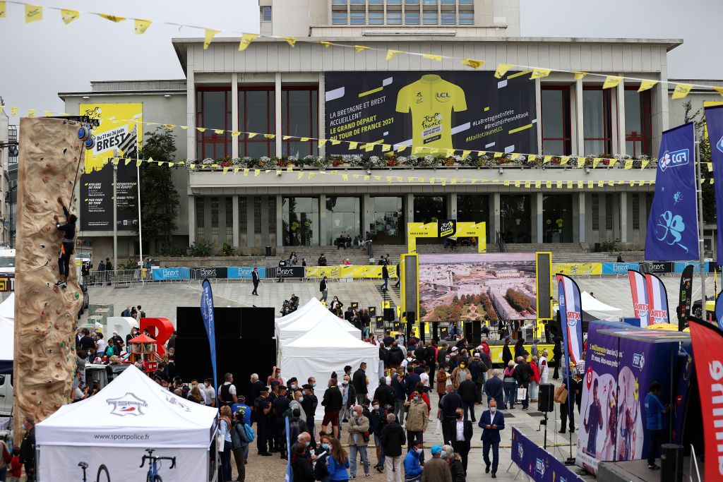 BREST FRANCE JUNE 24 Fan village landscape during the 108th Tour de France 2021 Team Presentation Public Fans LeTour TDF2021 on June 24 2021 in Brest France Photo by Tim de WaeleGetty Images