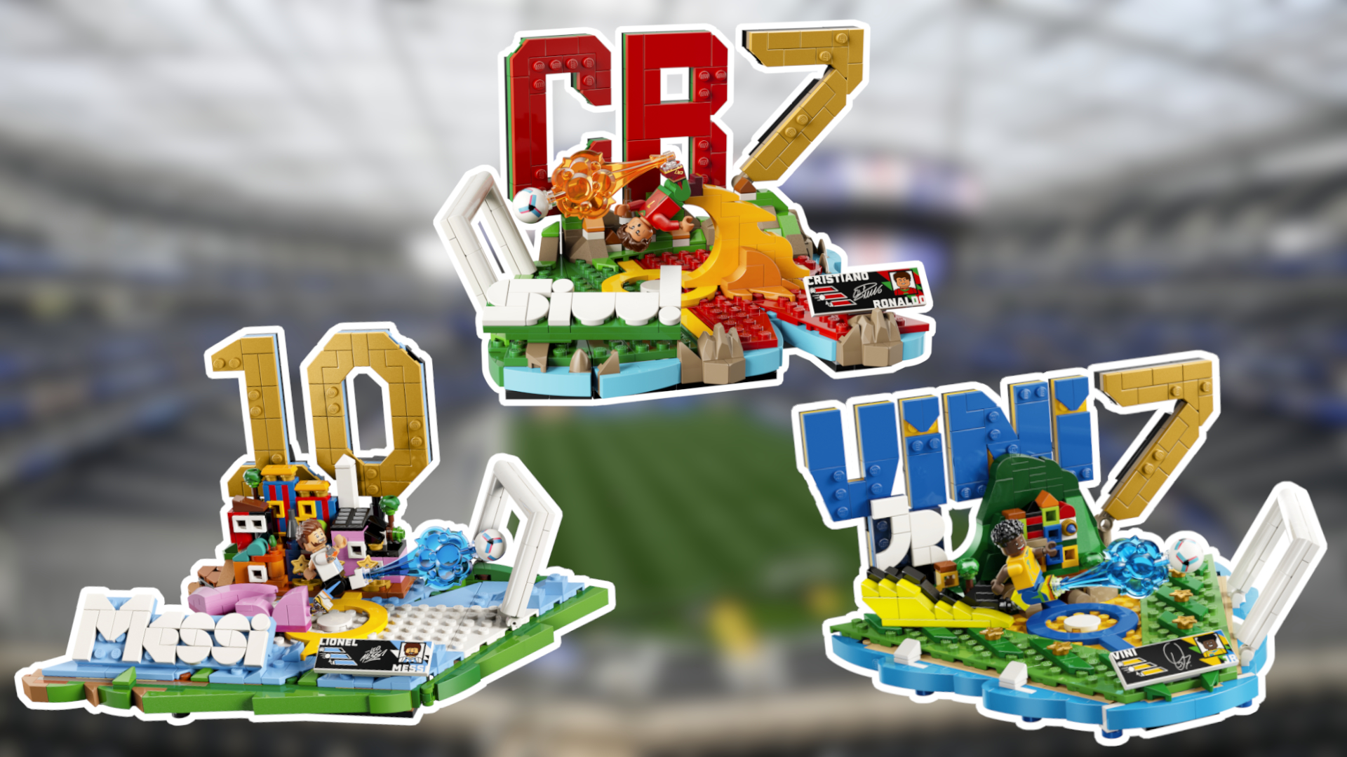 Lego Football sets on a blurred football pitch