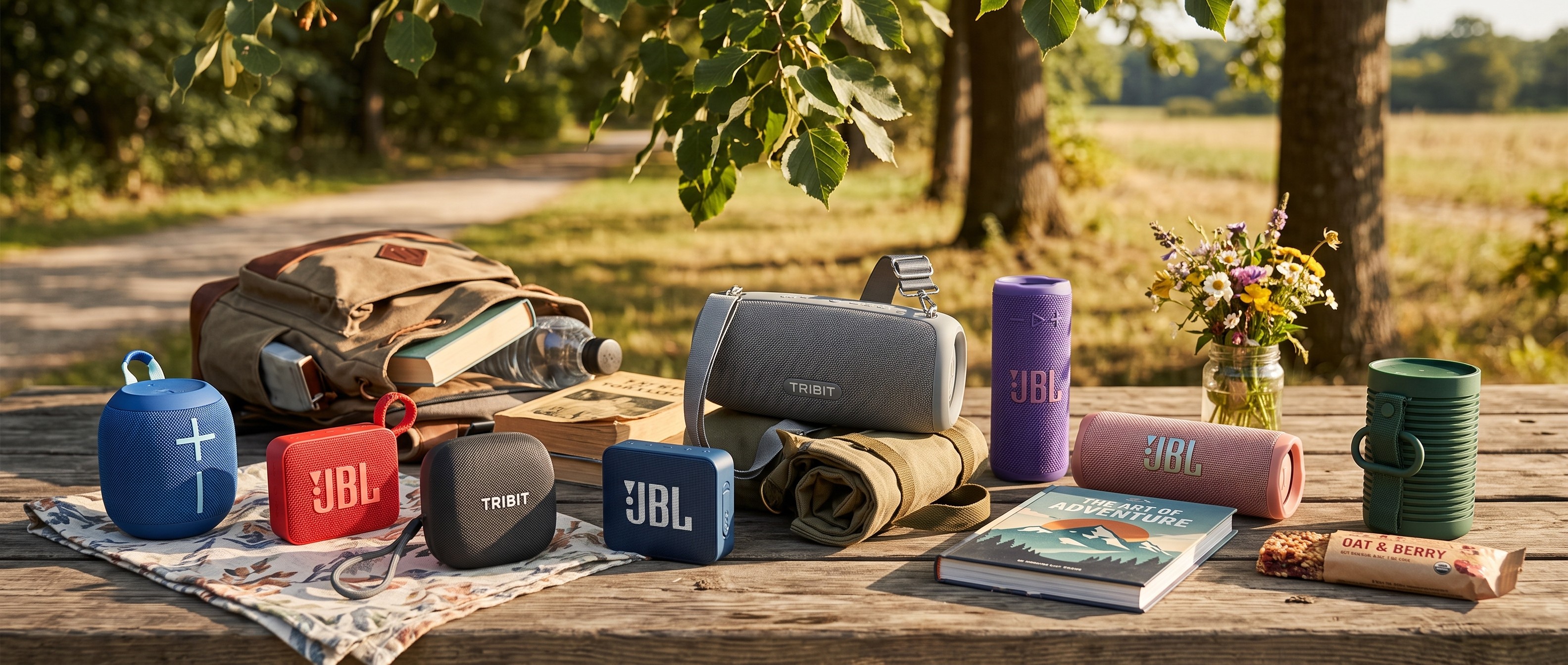A selection of Bluetooth speakers, on a picnic table 