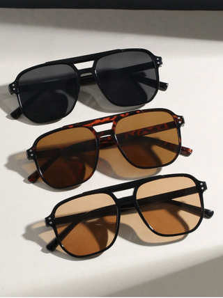 pictured are three pairs of folded aviator sunglasses