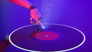Ai music composer or generator with 3d rendering robot with vinyl record