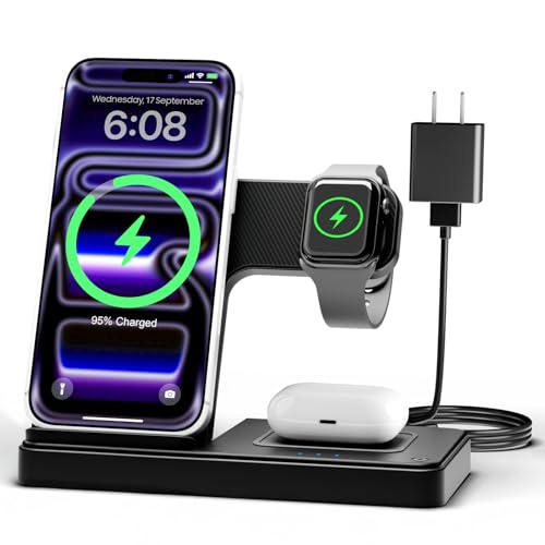 Wireless Charger Iphone Charging Station: 3 in 1 Charger Stand Multiple Devices for Apple - Iphone 17 16e 16 15 14 Pro Max 13 12 11 - Watch 11 10 9 8 7 6 5 4 3 2 Se and Ultra Series - Airpods 4 3 Pro