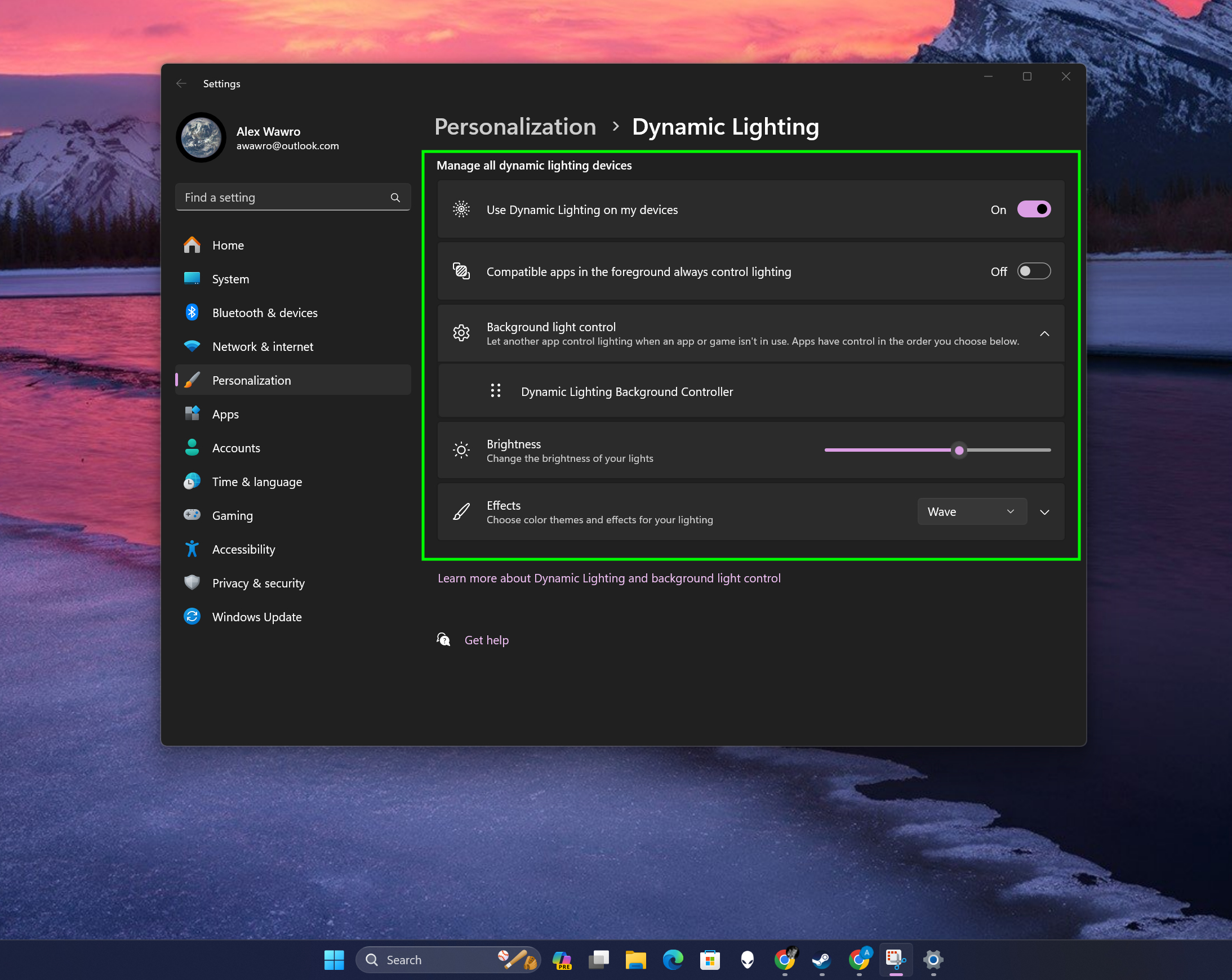 How to use Dynamic Lighting in Windows 11 step 2